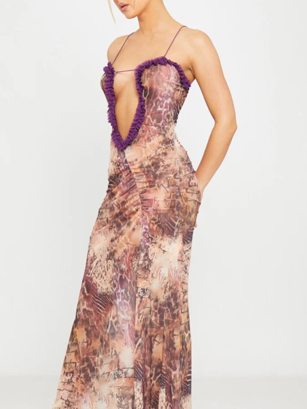 Plunge Ruffle-Trim Maxi Dress in Purple-Accented Print